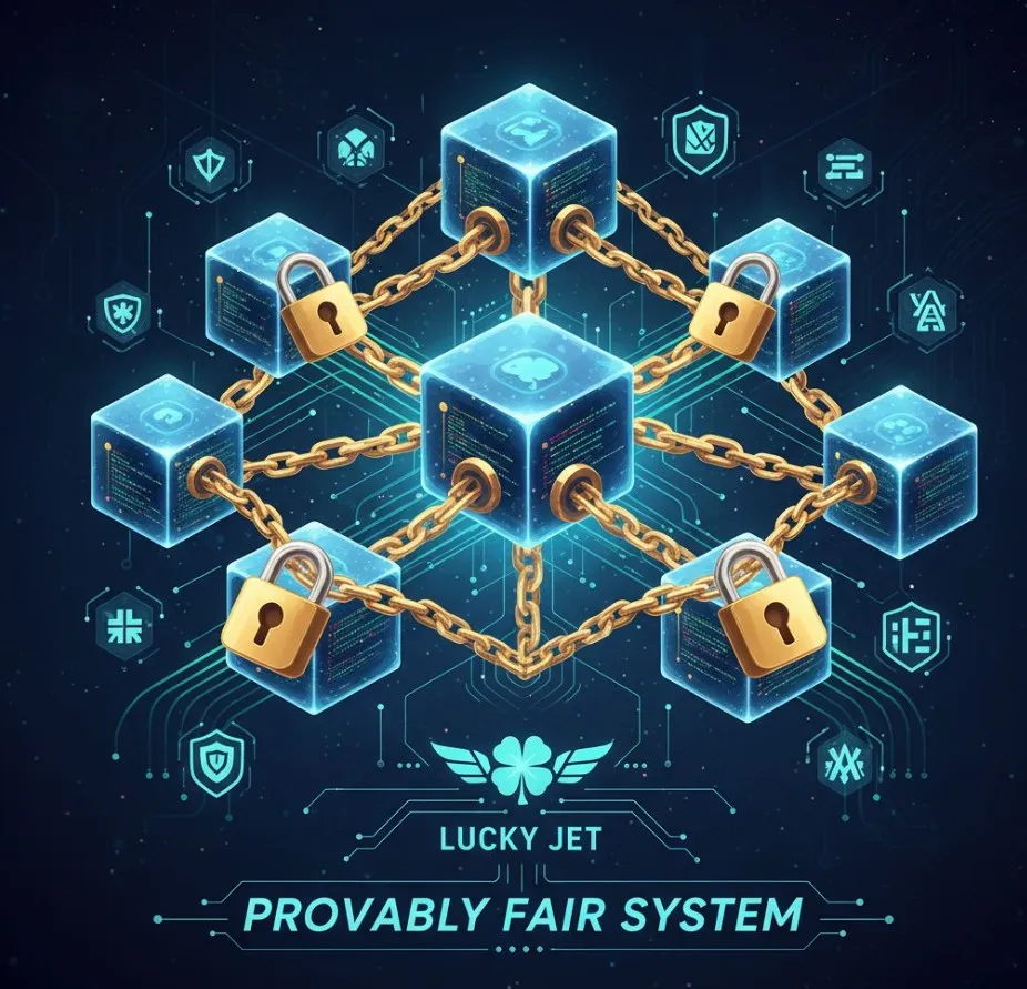 Representación visual del sistema 'Provably Fair', con bloques de blockchain interconectados, candados y símbolos de seguridad criptográfica, demostrando la imparcialidad y transparencia del juego Lucky Jet.