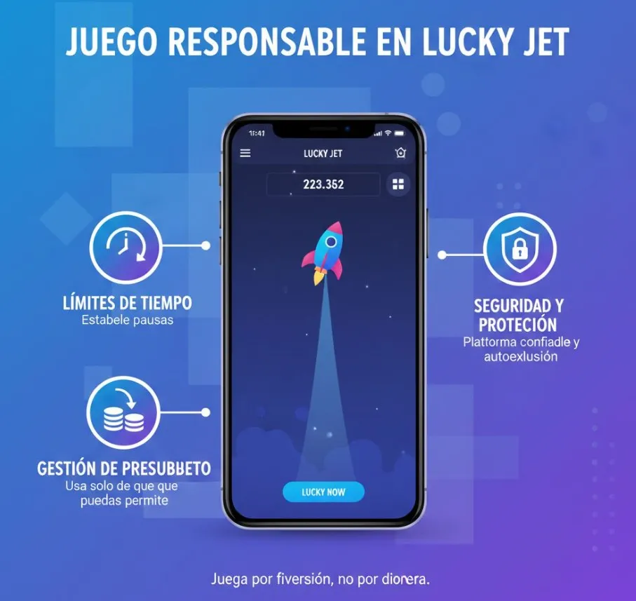 Infografía sobre juego responsable en Lucky Jet, mostrando iconos de un reloj para límites de tiempo, una pila de monedas para gestión de presupuesto y un escudo para seguridad, con un smartphone que tiene la interfaz del juego.